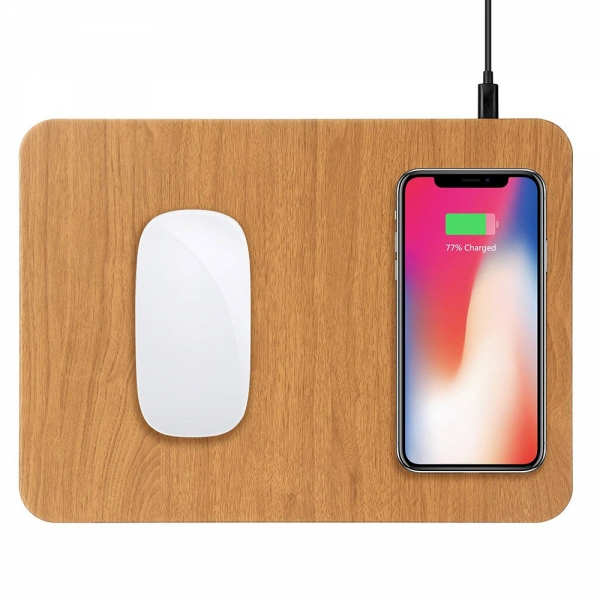 2 in 1 mouse pads 5W PU Leather Wood Fast Qi Wireless Desktop Charger QI KC Certified Mouse Pad with Wireless Charger