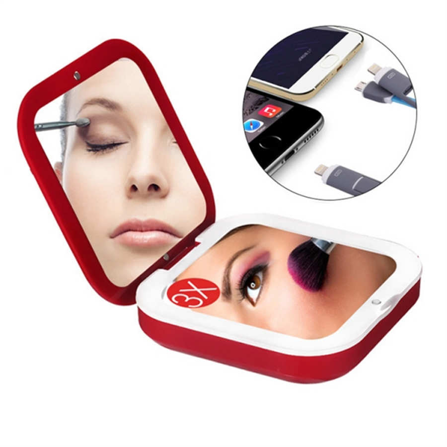 Amazon Hot Seller Portable Compact 3x Magnifying Lady Makeup Led Make up Mirror With 4000mah Square Power Bank